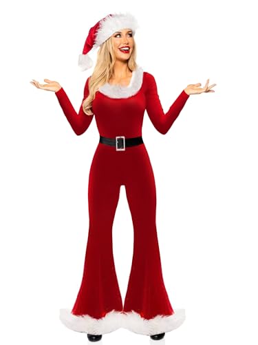 Frauen Weihnachten Mrs Santa Claus Kostüm Langarm Ausgestellter Overall und Hut Set für Cosplay Rollenspiel Party Outfits (A-Rot, L) von Miolasay