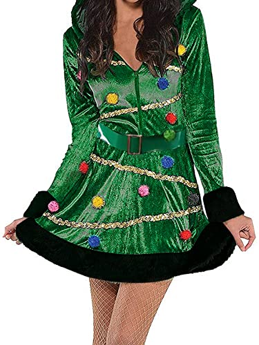 Miolasay Damen Weihnachtsbaumkleid Kostüm Erwachsene Kapuze Grün Pailletten Fancy Kostüm mit Gürtel Pom-Pom (A-Grün, S) von Miolasay