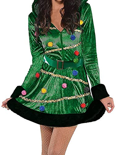 Miolasay Damen Weihnachtsbaumkleid Kostüm Erwachsene Kapuze Grün Pailletten Fancy Kostüm mit Gürtel Pom-Pom (A-Grün, S) von Miolasay