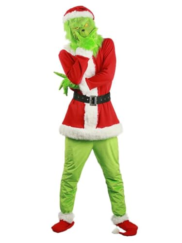 Miolasay Erwachsene Monster Green How 7-teiliges Kostüm-Set The Stole Weihnachtsmütze, Oberteil, Stiefel, Maske, Handschuhe, Weihnachten, lustige Cosplay-Requisiten (A-Rot, XL) von Miolasay