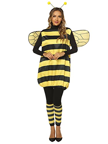 Miolasay Frauen Kinder Biene Cosplay Kostüm Halloween Set Bumble Fancy Cosplay Kleid mit Flügel Stirnband Bein Ärmel für Rollenspiel Gefälligkeiten (Adult, A-Yellow Adults, L) von Miolasay