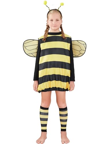 Miolasay Frauen Kinder Biene Cosplay Kostüm Halloween Set Bumble Fancy Cosplay Kleid mit Flügel Stirnband Bein Ärmel für Rollenspiel Gefälligkeiten (Kids, A-Yellow Children, 10-12 Years) von Miolasay
