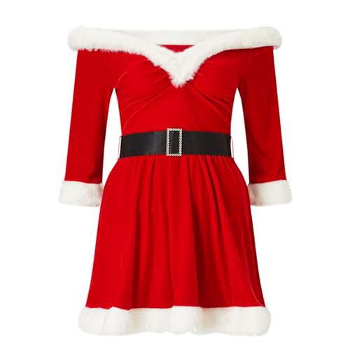 Miolasay Frauen Weihnachten Frau Santa Claus Samtkostüm Halbe Ärmel Erwachsene Schulterfrei A-Linie Slim Cosplay Fancy Dress Outfits (C-Rot, S) von Miolasay