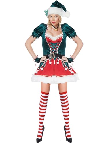 Miolasay Frauen-Weihnachtselfenkostüme, kurzärmeliges Kleid mit Gürtel, niedlicher Hut, gestreifter Strumpf-Set für Cosplay-Party-Outfits (A-Armeegrün, XXL) von Miolasay