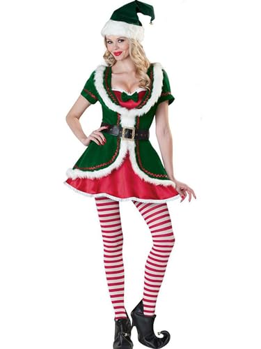 Miolasay Frauen-Weihnachtselfenkostüme, kurzärmeliges Kleid mit Gürtel, niedlicher Hut, gestreifter Strumpf-Set für Cosplay-Party-Outfits (A-Grün, XL) von Miolasay