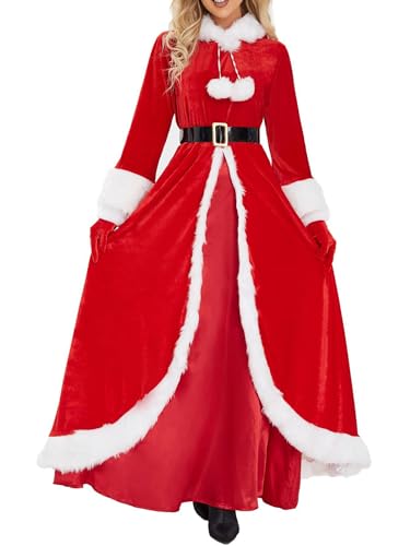 Miolasay Frauen Weihnachtskostüme Langarm Kapuzenkleider mit Gürtel und Handschuhen Set Cosplay Rollenspiel Party Outfits (A-Rot, M) von Miolasay