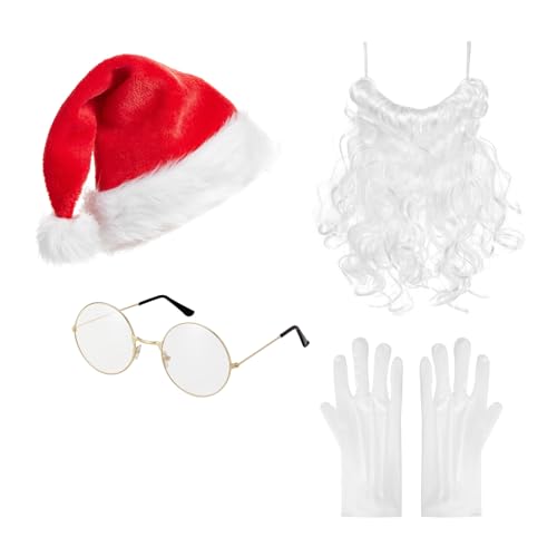Miolasay Weihnachtsmütze Kostüm Outfits Samt Kontrastfarbe Weihnachtsmützen + Bart + Brille + Handschuhe für Weihnachtsfeier (4 Stück, Einheitsgröße) von Miolasay