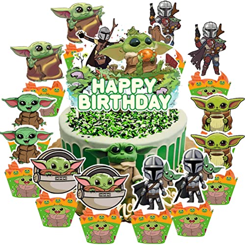 Cake Toppers - Miotlsy 49 Stück Yoda Baby Geburtstag Kuchen Toppers Yoda Baby Geburtstag Kuchen Topper mit Surround Cake Topper Zubehör für Kinder Geburtstag Baby Mädchen Junge von Miotlsy