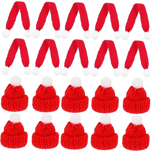 Mipcase 20 Stück Teiliges Miniatur Strickset mit Weihnachtsmützen und Schals Große Rote Hauben und Schals Handgefertigte Xmas Flaschen und Puppendeko für DIY Weihnachtsdekoration von Mipcase