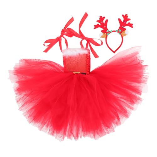 Mipcase Weihnachtliches Mädchen Kostüm Set Tüllkleid mit Geweih Haarreif Bequemes Festliches Outfit für Party Karneval Cosplay Feiertage von Mipcase
