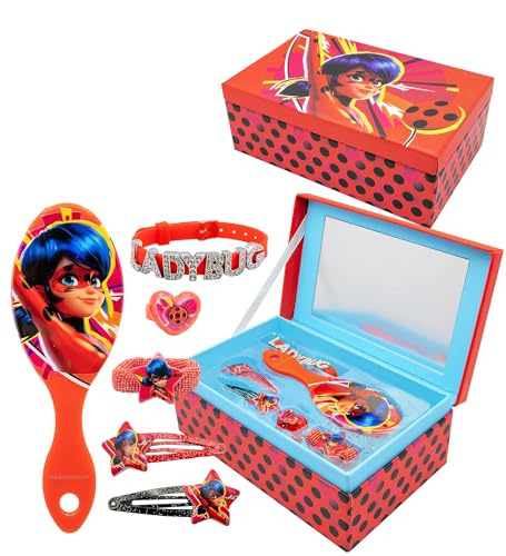 Joytoy Miraculous Schmuckschatulle mit Accessoires: 2 Haarspangen, 1 Ring, 1 Zöpfchenhalter, 1 Armband, 1 Haarbürste 18x11,5x7 cm von Joytoy