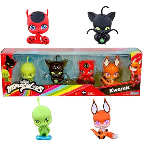 Miraculous Bandai Ladybug und Cat Noir Kwami Surprise 4 Pack | 4 Kwami Figuren im Inneren | Mystery Kwami Toys Sammeln Sie alle Kwami-Figuren mit Juwelen zum Spielen und Präsentieren von Miraculous