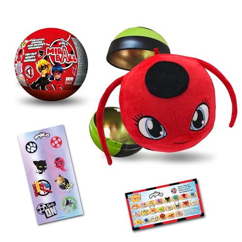 Miraculous Ladybug, 4-1 Überraschungs-Miraball, Spielzeug für Kinder mit Sammelfigur, Metallball, Kwami-Plüsch, glitzernden Aufklebern und weißem Band (Wyncor), 1 Stück von Miraculous