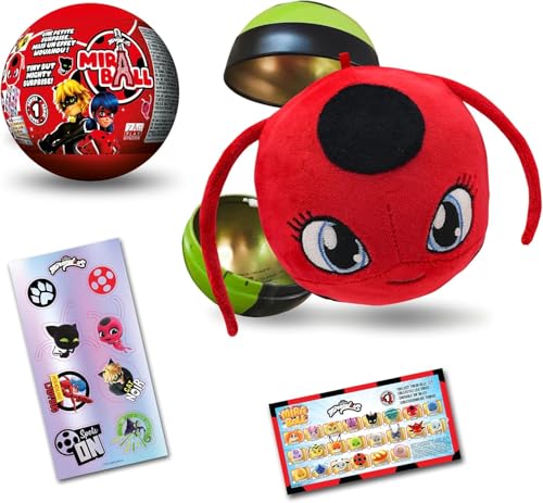 Miraculous Ladybug, 4-1 Überraschungs-Miraball, Spielzeug für Kinder mit Sammelfigur, Metallball, Kwami-Plüsch, glitzernden Aufklebern und weißem Band (Wyncor), 1 Stück von Miraculous