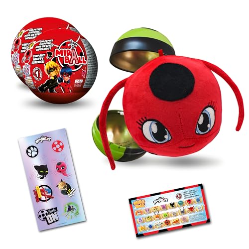 Miraculous Ladybug, Sammelspielzeug Kapsel 4-1, 2er-Set, Miraball Überraschung: Ausdehnbares Kwami-Plüschtier, Metallkugel mit Charakterbildern, Glitzernde Aufkleber, Aufhängeband von Miraculous