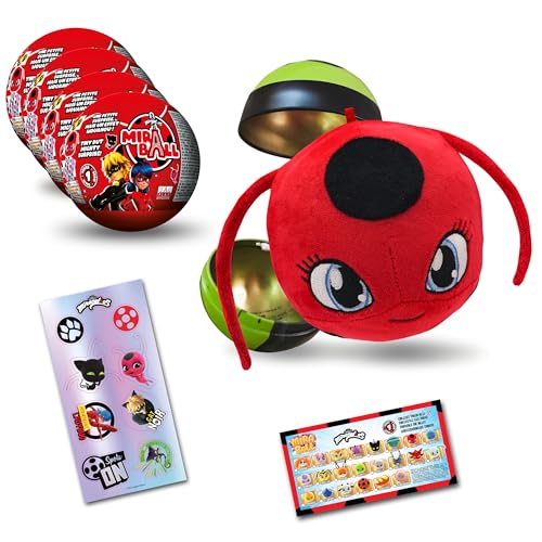 Miraculous Ladybug, Sammelspielzeug Kapsel 4-1, 4er-Set, Miraball Überraschung: Ausdehnbares Kwami-Plüschtier, Metallkugel mit Charakterbildern, Glitzernde Aufkleber, Aufhängeband von Miraculous