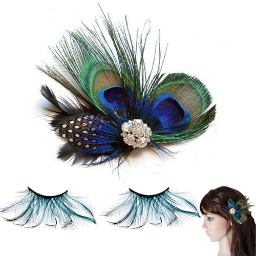 Mirrwin Pfauenfedern Haarschmuck, Pfau Kostüm Damen mit Falsche Wimpern Lang, 1920s Pfau Feder Haarspange 20er Jahre Haarspange Pfau Kopfschmuck für Karneval Fasching Mottoparty Cosplay Party von Mirrwin