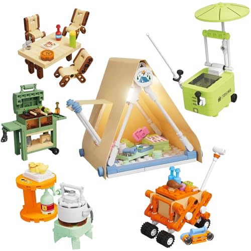 6-Pack Mini-Campingplatz-Bausteine-Set – Zelt, BBQ, Campingtisch-Bausatz, STEM-Interaktionsspielzeug, Outdoor-Abenteuer-Spielset, kreatives Geschenk für Jungen und Mädchen ab 6 Jahren (659 Teile) von MirthMakers