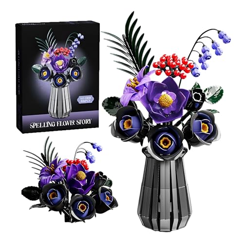 Lila Rosenstrauß-Bausatz – 836-teiliges Blumenbauset mit eleganter Vase, ewiger Blumenarrangement, Kunstblumen, botanischer Sammlung, Wohnaccessoire, Romantisches Geschenk für Freundin, Frau von MirthMakers