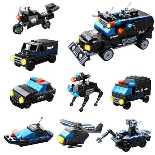 MirthMakers 8-in-1 SWAT-Panzerfahrzeug-Bausatz – 314-teiliges DIY-Polizeilastwagen-Bausatz, kombinierbar zu einem großen taktischen LKW, STEM-Lernspielzeug, Auto-Modell-Spielset, Kinder von MirthMakers