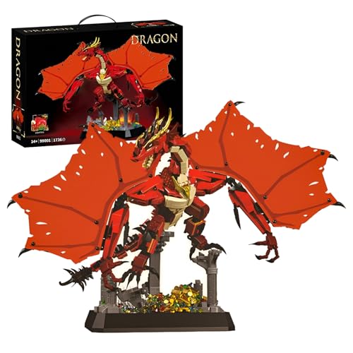 Mythic Guardian Dragon Building Blocks Set – 1736-teiliges Set mit Roten Dinosaurier-Bausteinen, Display-Sockel, Fantasy-Architekturmodell, Wohnaccessoire, Kreatives Geschenke für Erwachsene, Kinder von MirthMakers