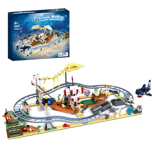 Unterwasser-Achterbahn Baustein-Set - 773-teiliges Ozean-Abenteuer mit beweglichem Schiff, Haifisch, Dino-Modellen, STEM-Lernspielzeug, Kreative Deko - Tolles Geschenk für Kinder (6+), Erwachsene von MirthMakers