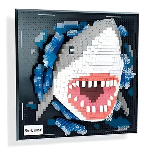 Wandkunst-Hai-Mosaik-Bausteinset – 2166-teiliges 3D-Meeres-Tier-Mini-Bausteinset, Dekoration für das Homeoffice, Heimausstellungs-Sammlung, Riesiger Ozean-Rahmen, Kreatives Geschenk für Erwachsen von MirthMakers
