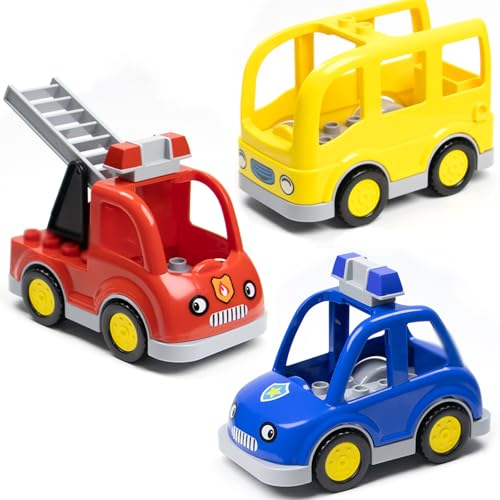 Mirthben 3 Stück Fahrzeug Bausteine Set, Große Bausteine Zubehör mit Feuerwehrauto, Polizeiauto, Schulbus, Kompatibel mit DUPLO Steinen, Großbausteine Spielzeug für Kinder ab 3 Jahren von Mirthben