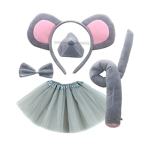 Mirweon 1/4/5-teiliges Kostüm für Kinder-Maus-Ohren, Stirnband, Schwanz, Fliege, Schwanz, Nase, Handschuhe, Tutu, Rock, Tier, Cosplay-Zubehör Mirweon 1/4/5-teiliges Kostüm für Kinder-Maus-Ohren, Stirnband, Schwanz, Fliege, Schwanz, Nase, Handschuhe, Tutu, Rock, Tier, Cosplay-Zubehör von Mirweon