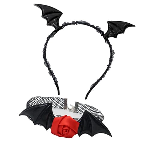 Mirweon 2-teiliges Halloween-Teufel-Kostüm-Set, Fledermaus-Stirnband, Blume, Spitze, Choker-Halskette für Halloween, Cosplay, Party-Zubehör, Fledermaus-Stirnband von Mirweon