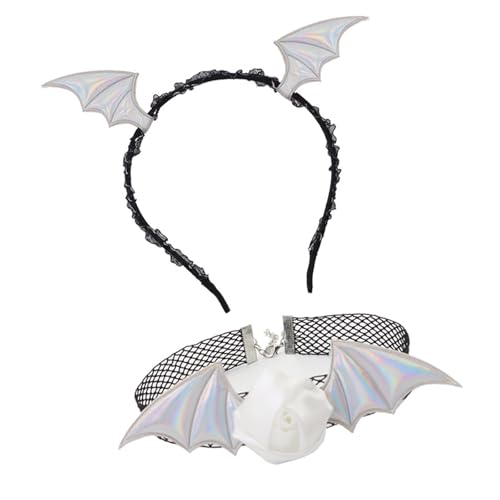 Mirweon 2-teiliges Halloween-Teufel-Kostüm-Set, Fledermaus-Stirnband, Blume, Spitze, Choker-Halskette für Halloween, Cosplay, Party-Zubehör, Fledermaus-Stirnband von Mirweon