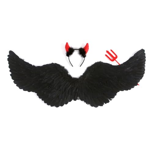 Mirweon Halloween-Teufelskostüm, Teufelsflügel, Teufelshorn, Stirnband, Zauberstab, Kostümzubehör für Cosplay, Party, Feenflügel für Damen, Erwachsene, Mädchen, Cosplay, Feenflügel, Kinder, leuchtet von Mirweon