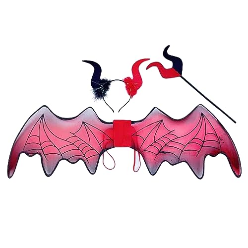 Mirweon Halloween-Teufelskostüme, rote Hörner, Haarreif, rote Heugabeln, Fledermausflügel, für Halloween, Cosplay, Party-Zubehör, 2/3 Stück Mirweon Halloween-Teufelskostüme, rote Hörner, Haarreif, rote Heugabeln, Fledermausflügel, für Halloween, Cosplay, Party-Zubehör, 2/3 Stück von Mirweon