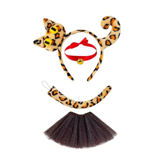 Mirweon Katzenkostüm, Stirnband, Schwanz, Band, Choker, Rock, Gesichtsaufkleber für Damen, Mädchen, Maskerade, Halloween, Cosplay, Zubehör, Katzen-Outfit von Mirweon