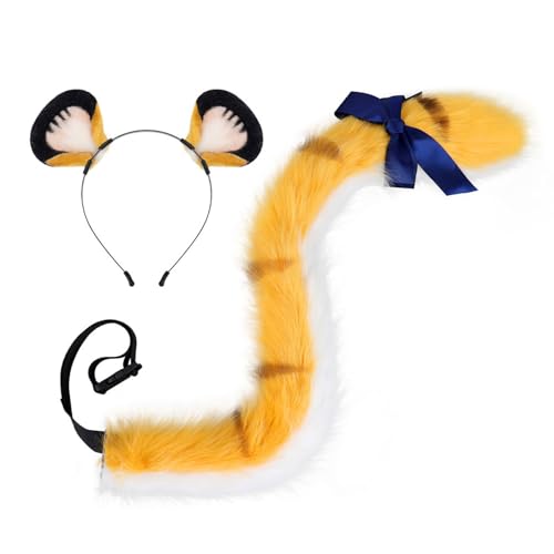 Mirweon Tier-Cosplay-Accessoire mit langem pelzigem Schwanz, Ohr-Stirnband, Halloween-Kostüm für Damen, Kinder, Erwachsene, Cospla, Tierohr-Haar-Accessoire für Cosplay von Mirweon