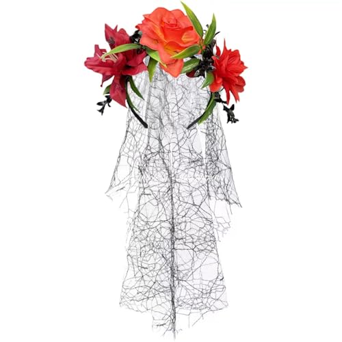 Mirweon Verstellbarer Halloween-Schleier-Haarband mit realistischem Totenkopf und dunklen Blumen-Designs für Punk-Mottopartys, Feiern, Halloween-Haar-Accessoires von Mirweon