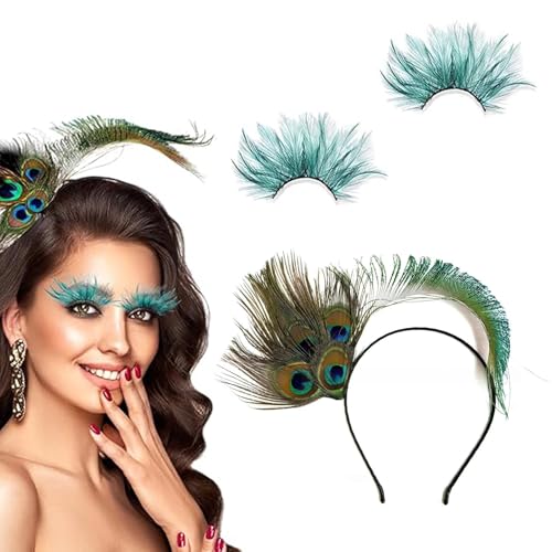 MisFun Pfau Kopfschmuck Karneval mit Wimpern Federn, Pfauenfedern Haarschmuck, Pfau Kostüm Damen,Haarschmuck Federn Karneval, Leicht Feder Haarreifen, Karneval Fasching Maskerade Party Zubehör von MisFun
