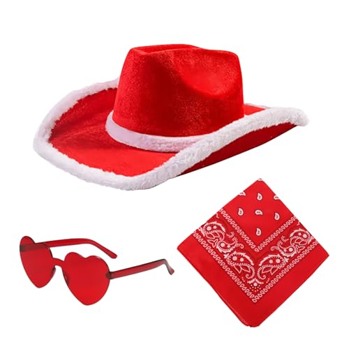 Misaakoeq Cowboyhut für Weihnachten, Westernhut, Party-Kopfbedeckung, 3 x Cowgirl-Vintage-Bandana, Herz-Brille, verstellbar, Weihnachtsfeier, Western-Kostüm-Zubehör von Misaakoeq