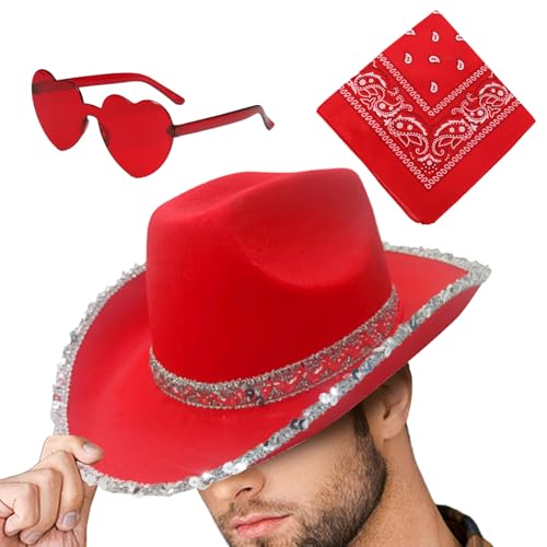 Misaakoeq Weihnachten Cowboyhut - Cosplay Cowboyhut Western - 3X Cowgirl Vintage Bandana Herz Brille Einstellbare Weihnachten Party Western Kostüm Zubehör von Misaakoeq