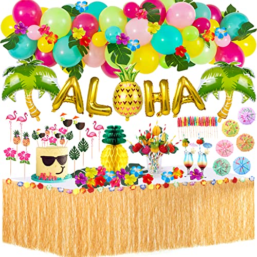Mishopy 153 Hawaii Party Dekoration Hawaii Luau Tischröcke Ballon Kit Künstliche Palmenblätter Ananas Kuchendeckel 3D Frucht Strohhalme Genschirm BBQ Tropischen Garten Tiki Sommer Party Dekoration von Mishopy