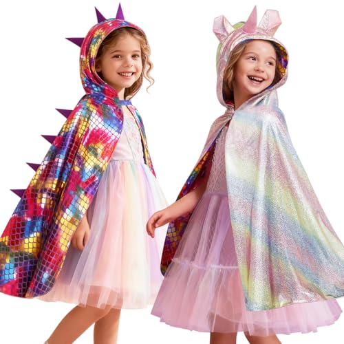 Mishopy Dinosaurier Einhorn Umhang Kinder Doppelseitiger Mantel mit Kapuze Kinderkostüm Fasching Karneval Halloween Kostüm Weihnachten Verkleidung für Mädchen Jungen (S, 3-6 Jahre) von Mishopy