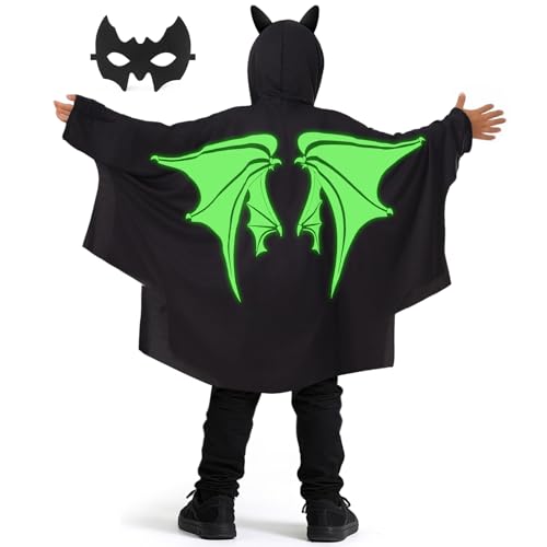 Mishopy Fledermaus Kostüm Kinder Leuchtender Fledermaus Umhang & Maske Fledermausflügel Kinderkostüm Cape Karneval Halloween Fasching Kinder Jungen und Mädchen (S) von Mishopy