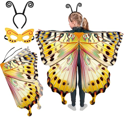 Mishopy Schmetterling Kostüm Kinder Mädchen Schmetterlingsflügel mit Maske Stirnband Karneval Halloween Kostüm Feenflügel Cape Schmetterling Flügel Kinder Mädchen (Gelb) von Mishopy