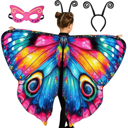 Mishopy Schmetterling Kostüm Kinder Mädchen Schmetterlingsflügel mit Maske Stirnband Karneval Halloween Kostüm Feenflügel Cape Schmetterling Flügel Kinder Mädchen (Rosenrot) von Mishopy