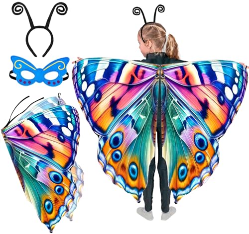 Mishopy Schmetterling Kostüm Kinder Mädchen Schmetterlingsflügel mit Maske Stirnband Karneval Halloween Kostüm Feenflügel Cape Schmetterling Flügel Kinder Mädchen (Blau) von Mishopy