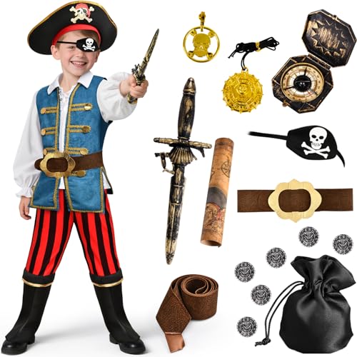 Mishopy Piratenkostüm Kinder Jungen mit Piraten Zubehör Piratenhut Stirnband Augenklappe Kompass Geldbeutel Ohrring Karte Halloween Karneval Kostüm für Kinder 3 4 5 6 7 8 9 10 11 Jahren (L) von Mishopy