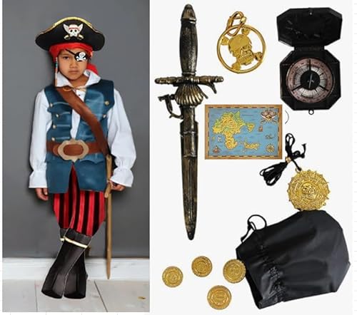 Mishopy Piratenkostüm Kinder Jungen mit Piraten Zubehör Piratenhut Stirnband Augenklappe Kompass Geldbeutel Ohrring Karte Halloween Karneval Kostüm für Kinder 3 4 5 6 7 8 9 10 11 Jahren (S) von Mishopy