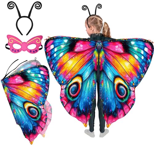 Mishopy Schmetterling Kostüm Kinder Mädchen Schmetterlingsflügel mit Maske Stirnband Karneval Halloween Kostüm Feenflügel Cape Schmetterling Flügel Kinder Mädchen (Rosenrot) von Mishopy