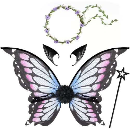 Mishopy Schmetterling Kostüm Kinder Fee Kostüm Mädchen mit Schmetterlingsflügel Kinder Zauberstab Elfenohren Blumen Haarreif Feen Flügel Halloween Kostüm Mädchen Geschenke (Blau Lila) von Mishopy