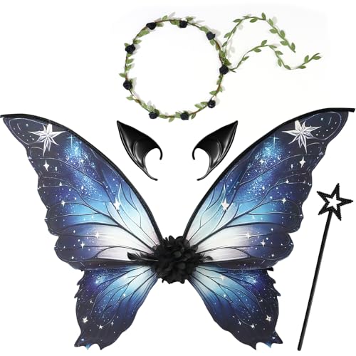 Mishopy Schmetterling Kostüm Kinder Fee Kostüm Mädchen mit Schmetterlingsflügel Kinder Zauberstab Elfenohren Blumen Haarreif Feen Flügel Halloween Kostüm Mädchen Geschenke (Sternenblau) von Mishopy